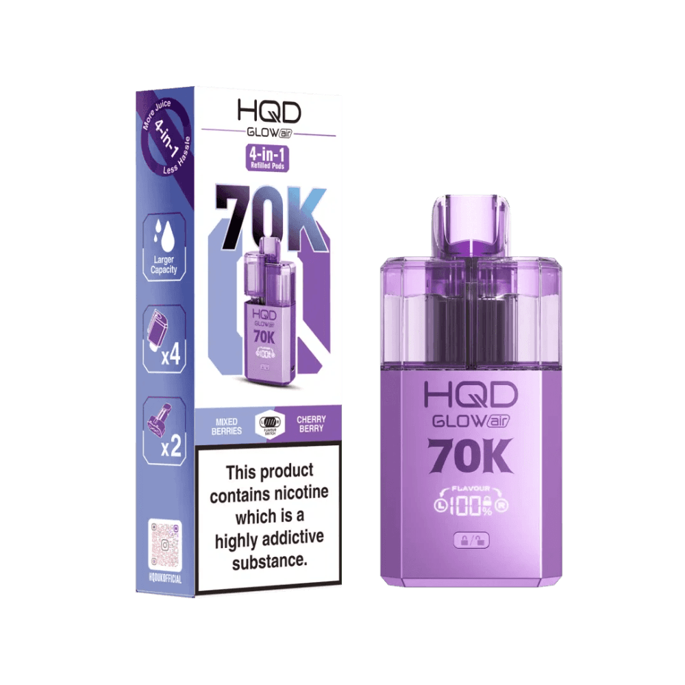  Mixed Berries + Cherry Berry HQD Glow Air 70K Prefilled 2 In 1 Vape Box of 5