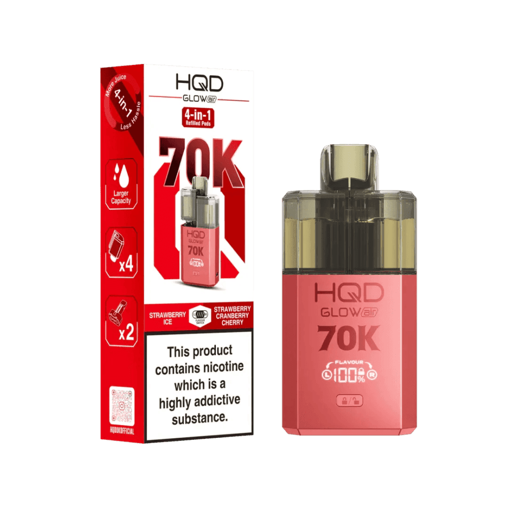  Strawberry Ice + Strawberry Cranberry Cherry HQD Glow Air 70K Prefilled 2 In 1 Vape Box of 5