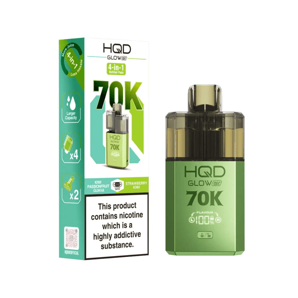  Kiwi Passionfruit Guava + Strawberry Kiwi HQD Glow Air 70K Prefilled 2 In 1 Vape Box of 5