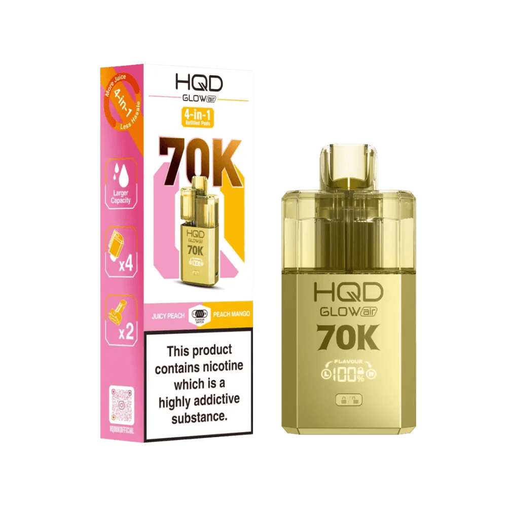  Juicy Peach + Peach Mango HQD Glow Air 70K Prefilled 2 In 1 Vape Box of 5