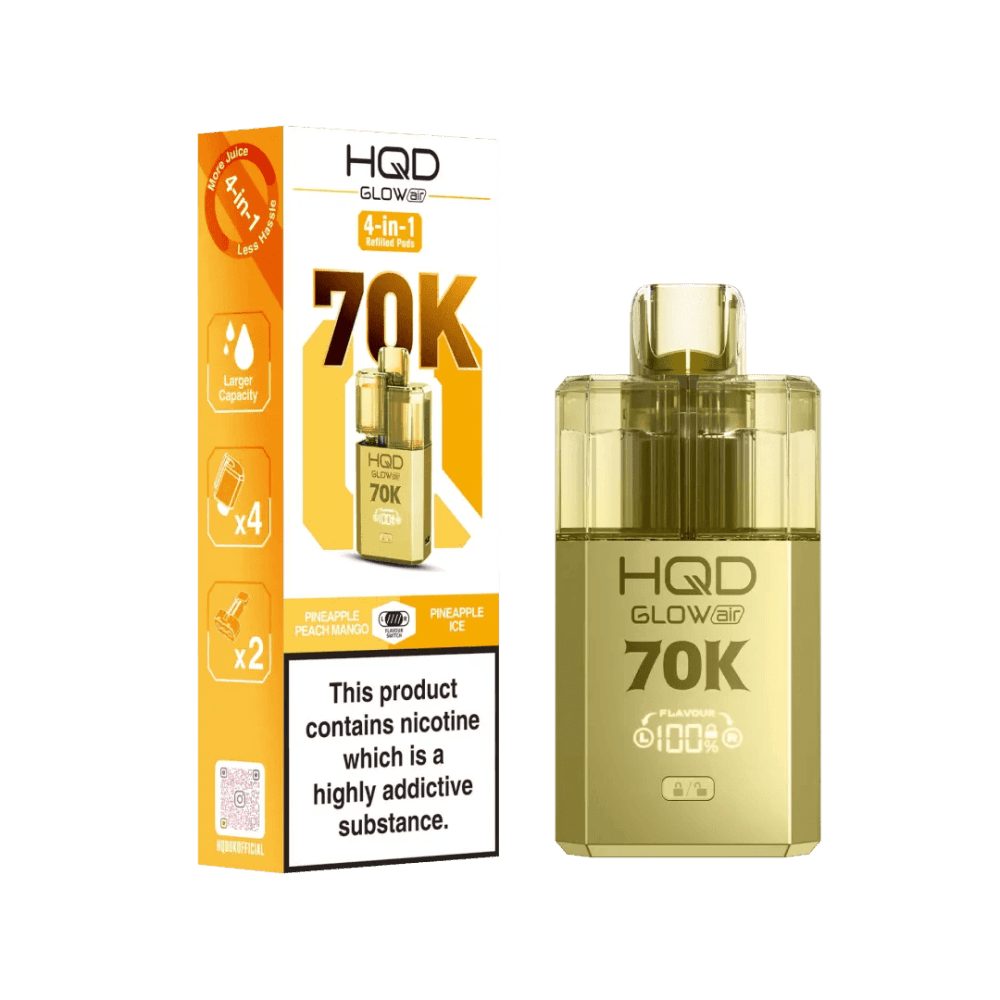  Pineapple Peach Mango + Pineapple Ice HQD Glow Air 70K Prefilled 2 In 1 Vape Box of 5
