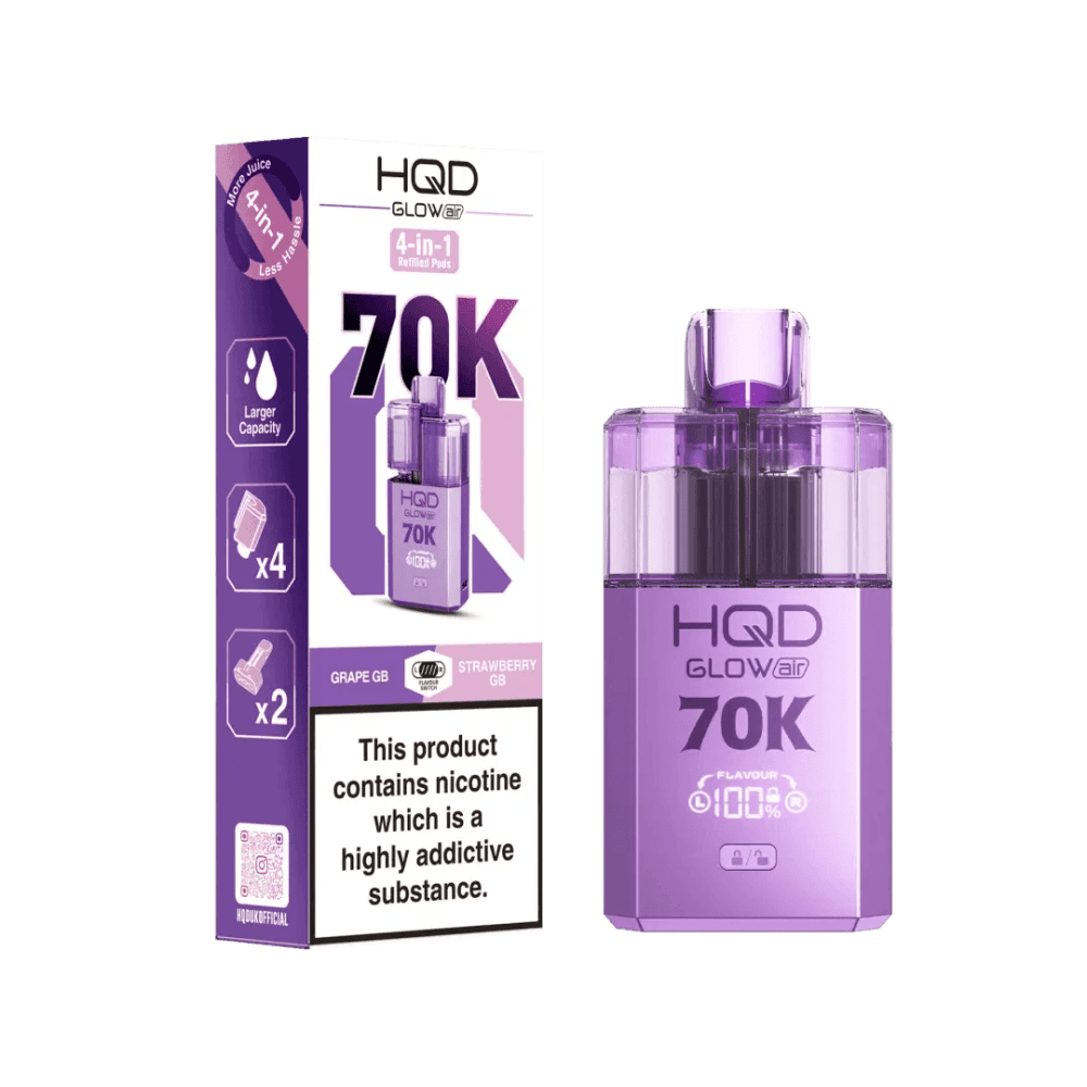  Grape Gummy Bear + Strawberry Gummy Bear HQD Glow Air 70K Prefilled 2 In 1 Vape Box of 5