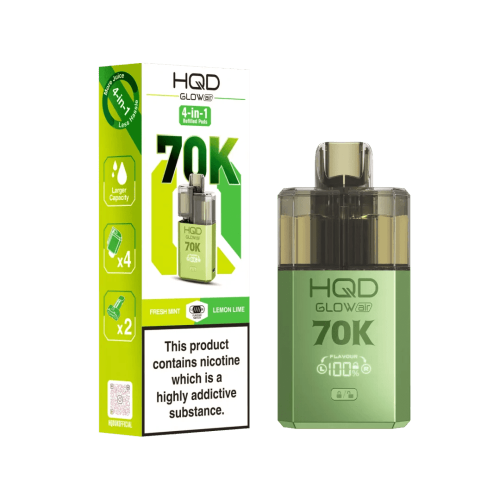  Fresh Mint + Lemon Lime HQD Glow Air 70K Prefilled 2 In 1 Vape Box of 5