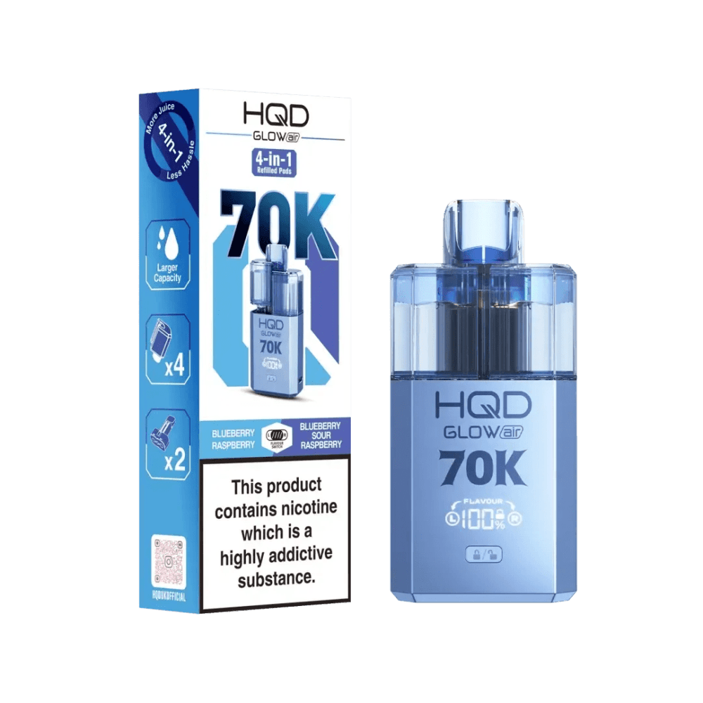  Blueberry Rasp + Blue Sour Raspberry HQD Glow Air 70K Prefilled 2 In 1 Vape Box of 5