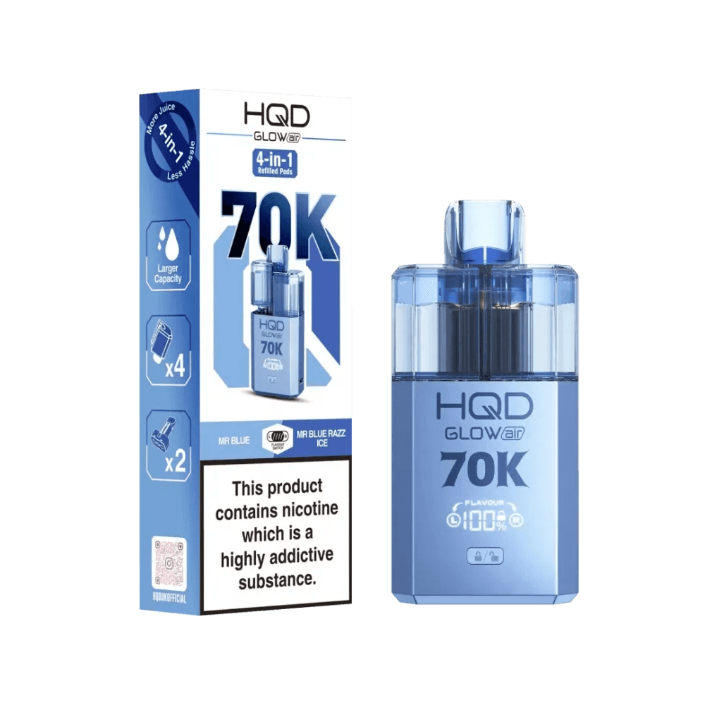  Mr Blue + Blue Razz Ice HQD Glow Air 70K Prefilled 2 In 1 Vape Box of 5
