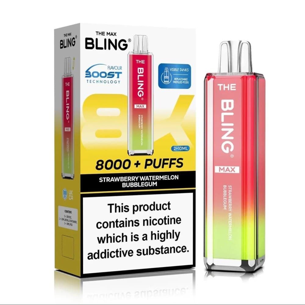  Strawberry Watermelon Bubble Gum Crystal Bling Max 8000 Prefilled Pod Kit Box of 5