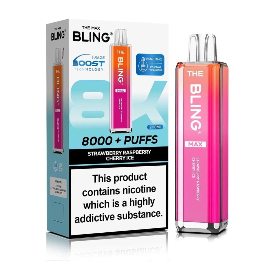  Strawberry Raspberry Cherry Ice Crystal Bling Max 8000 Prefilled Pod Kit Box of 5