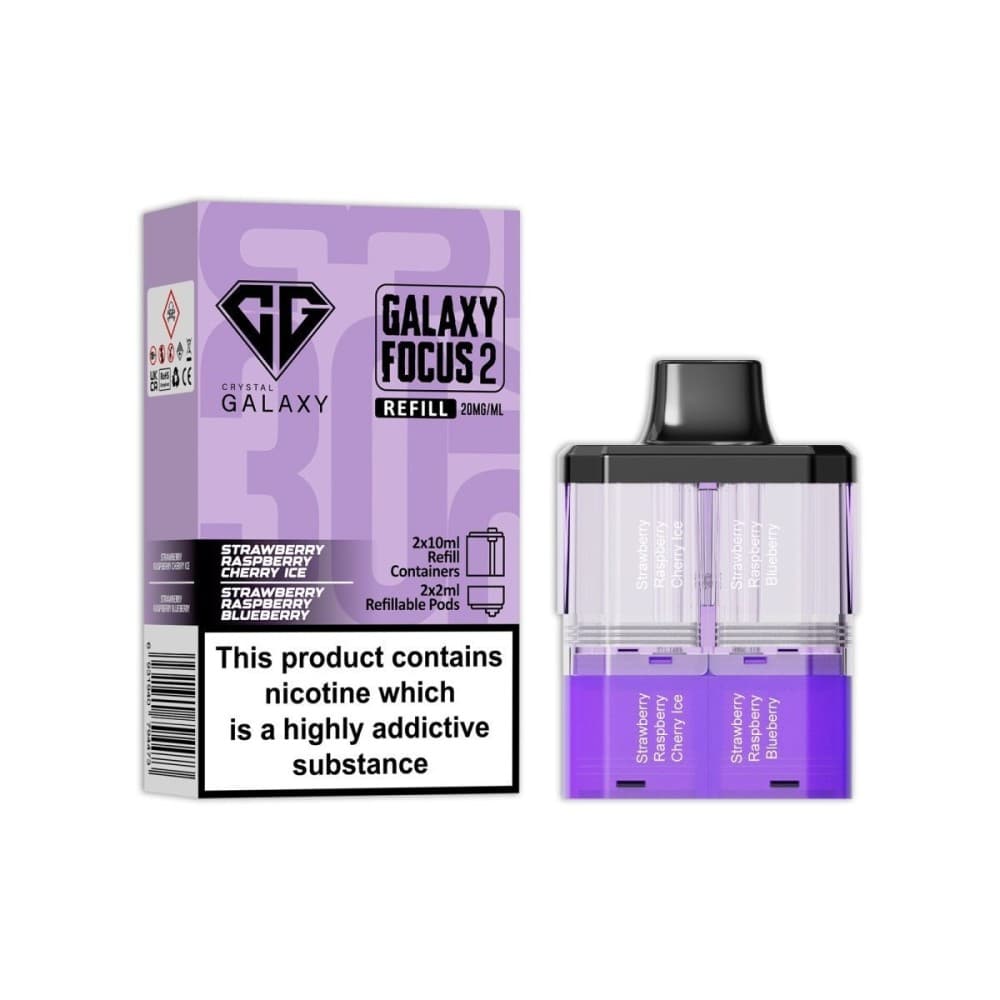  Strawberry Raspberry Cherry Ice / Strawberry Raspberry Blueberry Crystal Galaxy Focus 2 Replacement Pods Pack of 5