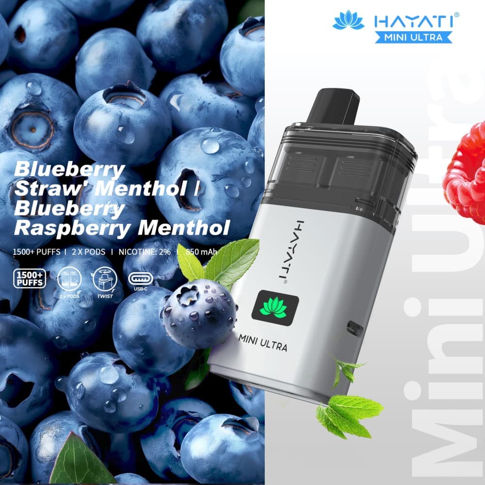 Blueberry Straw' Menthol / Blueberry Raspberry Menthol Hayati Mini Ultra 1500 Disposable Vape