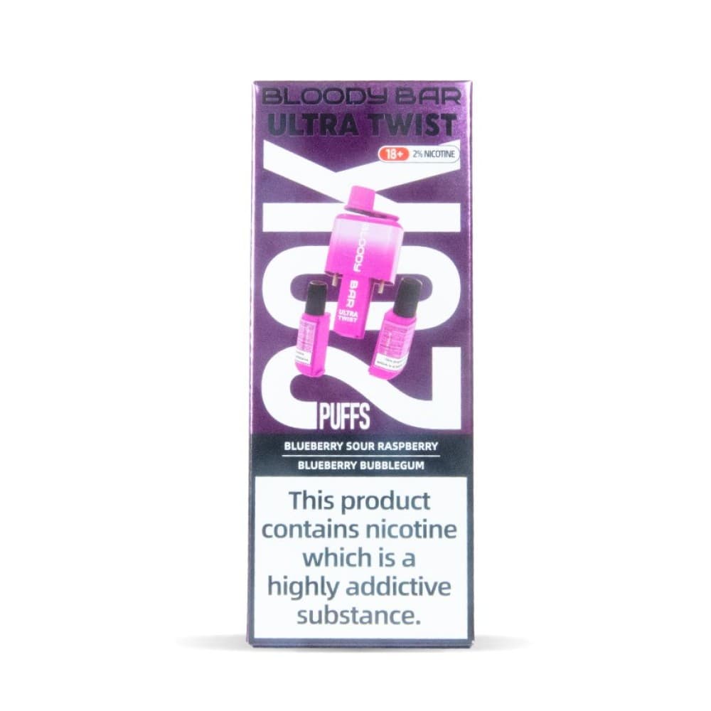  Blue Sour Raspberry/Blueberry Bubblegum Bloody Bar Ultra Twist 20000 Prefilled Vape - Box of 5