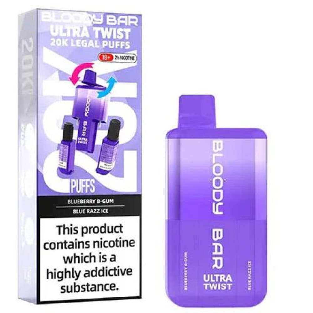 Blueberry Bubblegum/Blue Razz Ice *New* Bloody Bar Ultra Twist 20000 Prefilled Vape - Box of 5