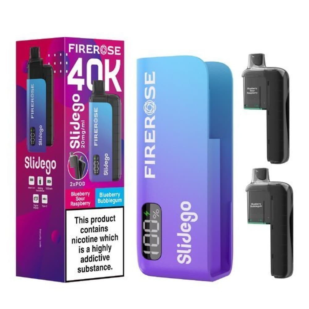 Blueberry Sour Raspberry / Blueberry Bubble Gum Elux FireRose Slidego 40K Prefilled Pod Kit Box of 5