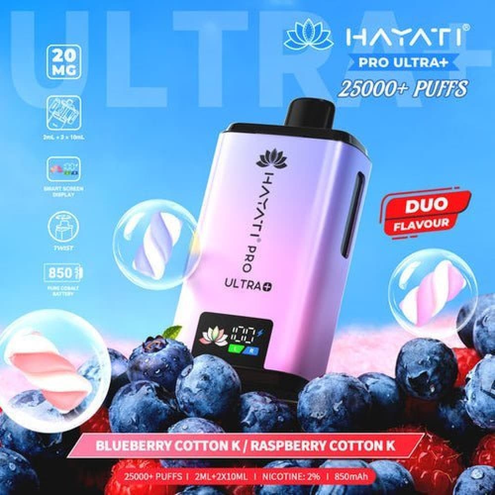 Blueberry Cotton Candy / Raspberry Cotton Candy Hayati Pro Ultra Plus 25000 Prefilled Pod Vape Kit - Box of 5