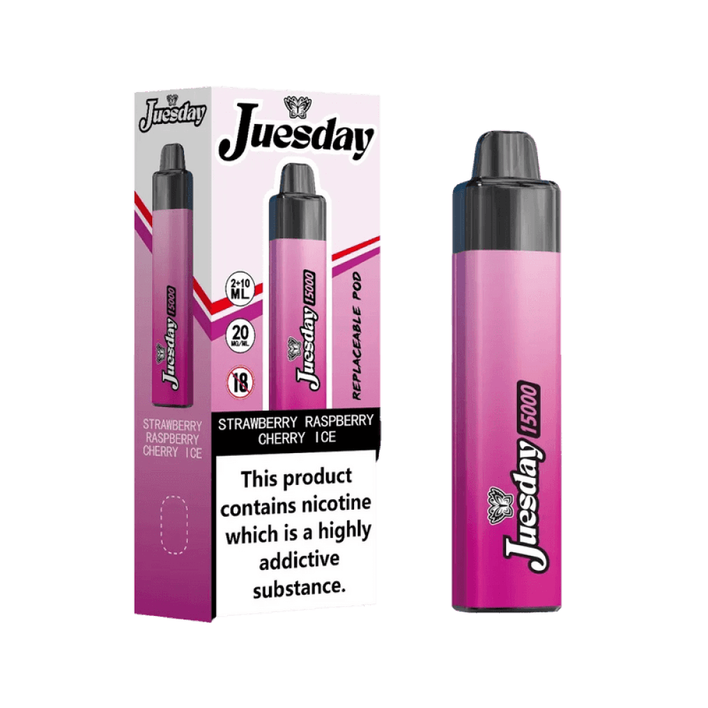 Strawberry Raspberry Cherry Ice Juesday 15k Prefilled Vape Kit Box of 10
