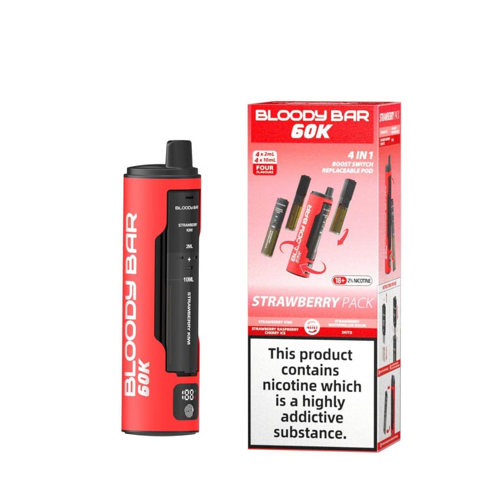 Strawberry Kiwi/Strawberry Raspberry Cherry Ice/Strawberry Watermelon BGum/Skittz Bloody Bar 60k Prefilled 4 In 1 Pod Vape Kit Pack of 5