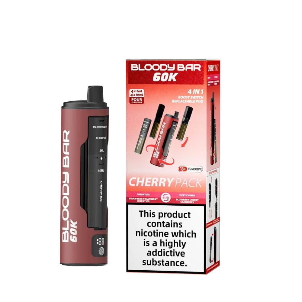 Cherry Ice/Strawberry Raspberry Cherry Ice/Fizzy Cherry/Blueberry Cherry Cranberry Bloody Bar 60k Prefilled 4 In 1 Pod Vape Kit Pack of 5