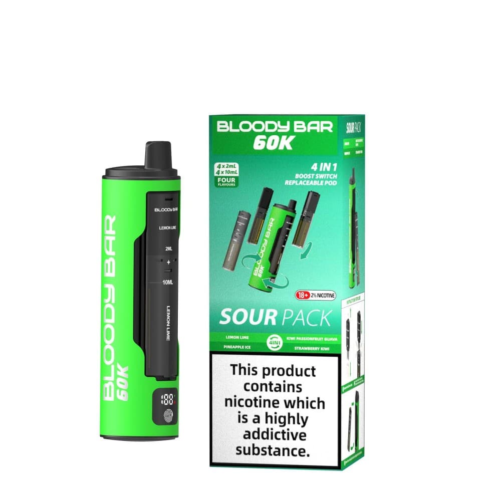 Lemon Lime/Pineapple Ice/Kiwi Passionfruit Guava/Strawberry Kiwi Bloody Bar 60k Prefilled 4 In 1 Pod Vape Kit Pack of 5