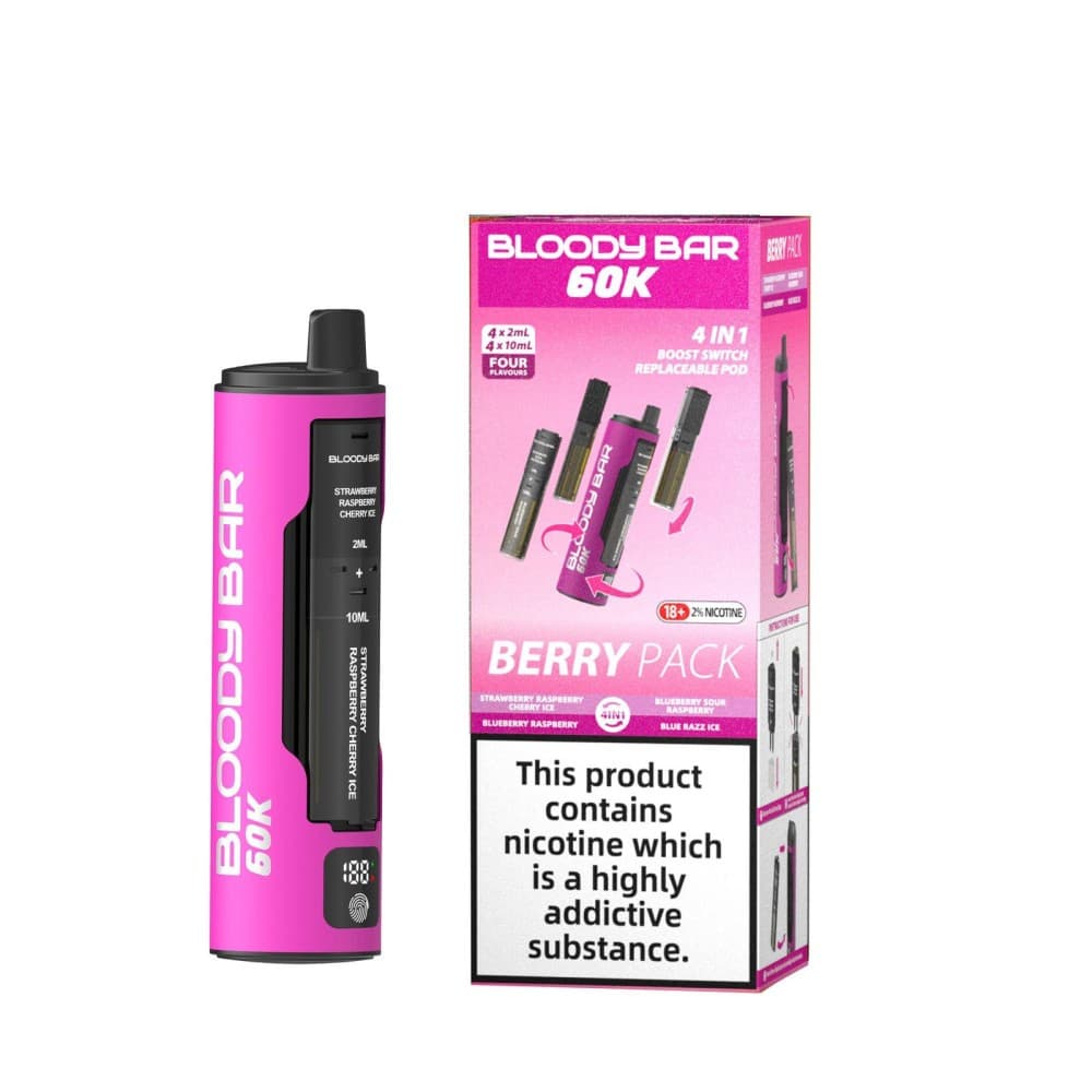 Strawberry Raspberry Cherry Ice/Blueberry Raspberry/Blueberry Sour Raspberry/Blue Razz Ice Bloody Bar 60k Prefilled 4 In 1 Pod Vape Kit Pack of 5