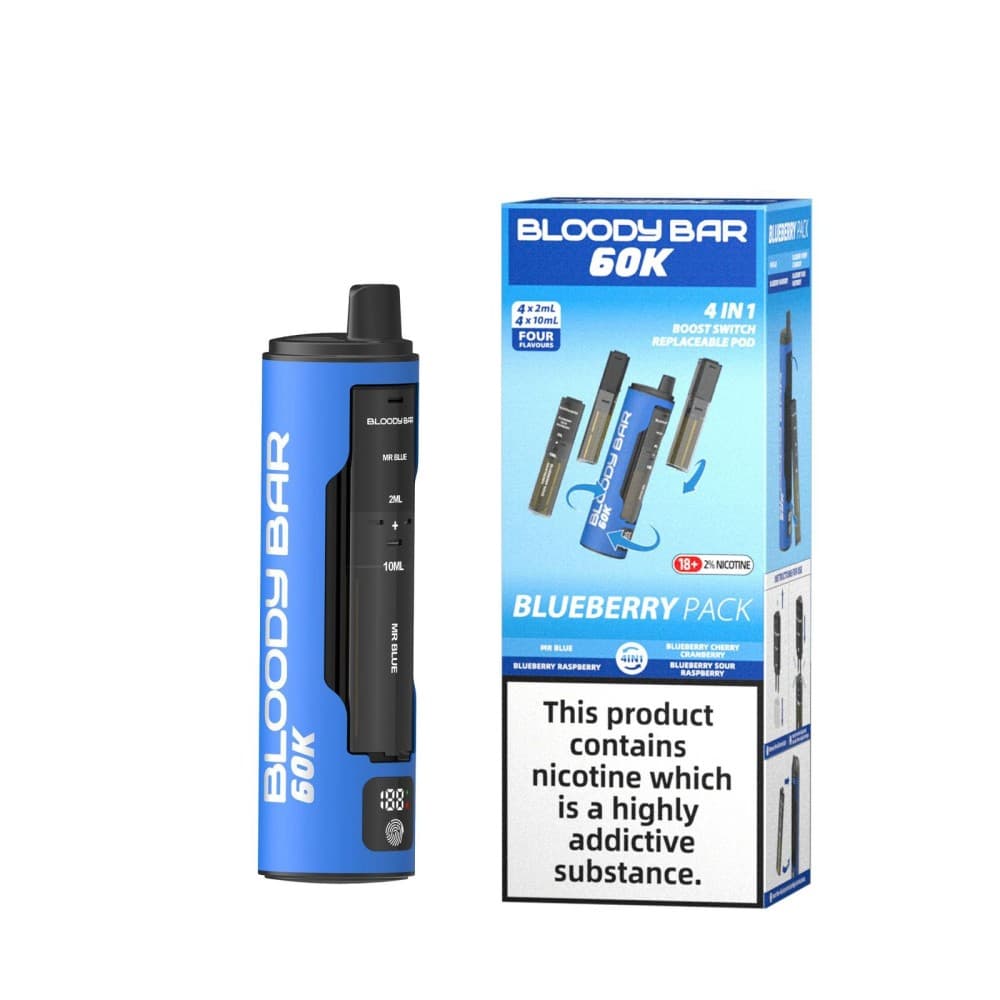Mr Blue/Blueberry Raspberry/Blueberry Cherry Cranberry/Blueberry Sour Raspberry Bloody Bar 60k Prefilled 4 In 1 Pod Vape Kit Pack of 5