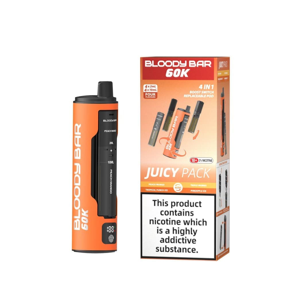 Peach Mango/Tropical Punch Ice/Triple Mango/Pineapple Ice Bloody Bar 60k Prefilled 4 In 1 Pod Vape Kit Pack of 5