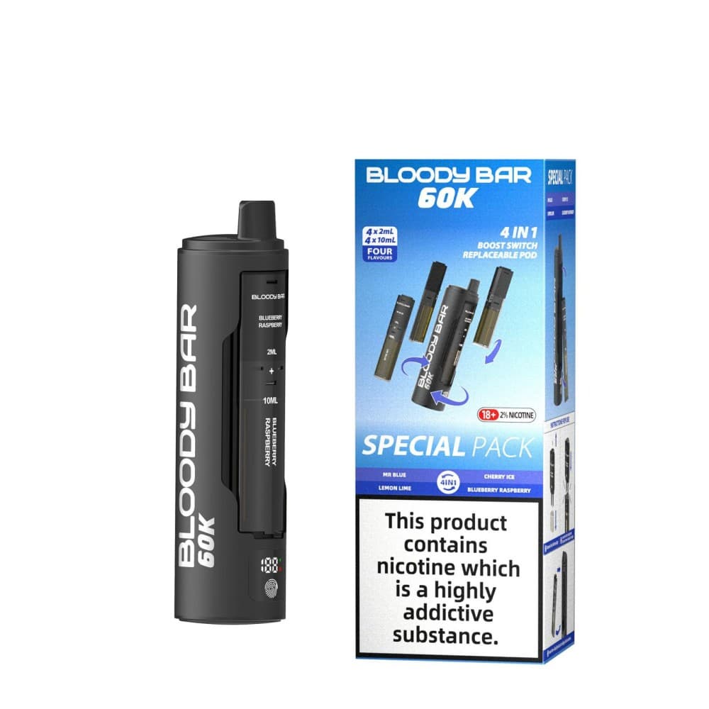Mr Blue/Lemon Lime/Cherry Ice/Blueberry Raspberry Bloody Bar 60k Prefilled 4 In 1 Pod Vape Kit