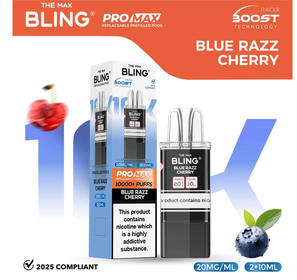 Blue Razz Cherry The Bling 10k Pro Max Replacement Pods (BOX OF 5)