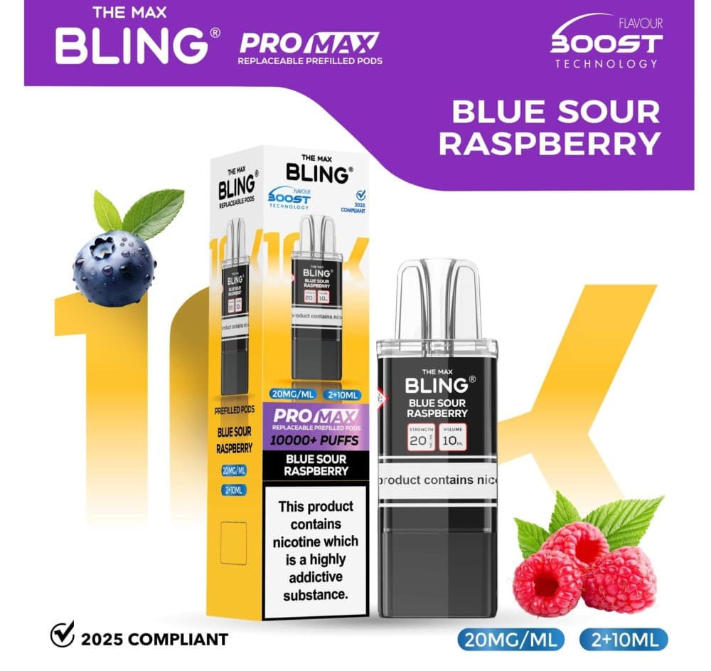Blue Sour Raspberry The Bling 10k Pro Max Replacement Pods (BOX OF 5)