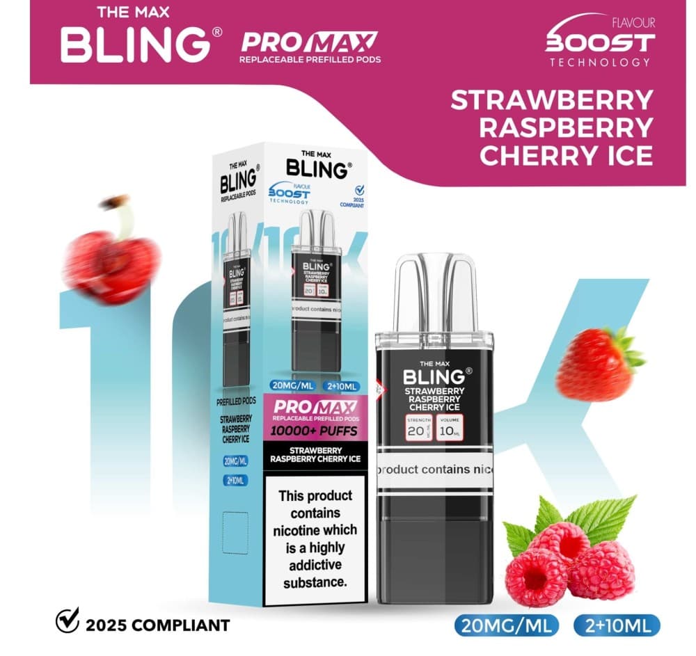 Strawberry Raspberry Cherry Ice The Bling 10k Pro Max Replacement Pods (BOX OF 5)