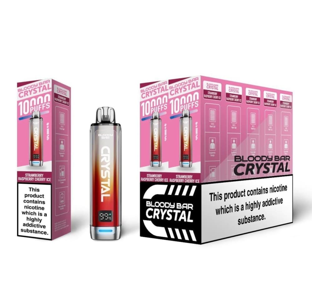 Strawberry Raspberry Cherry Ice Bloody Bar Crystal 10k Prefilled Pod Vape Kit - Pack of 10