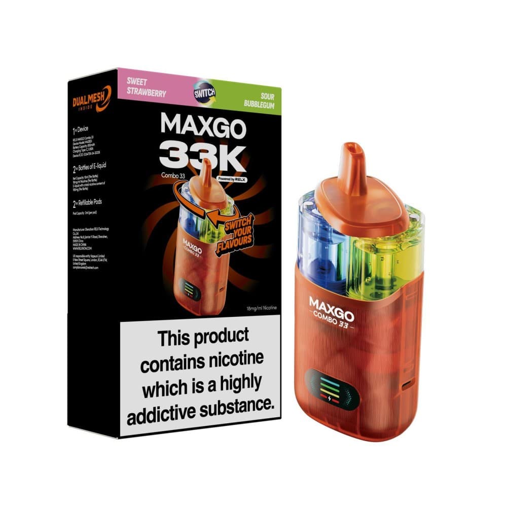 Sweet Strawberry + Sour Bubblegum Relx Maxgo 33k Prefilled Pod Vape Kit - Pack of 3