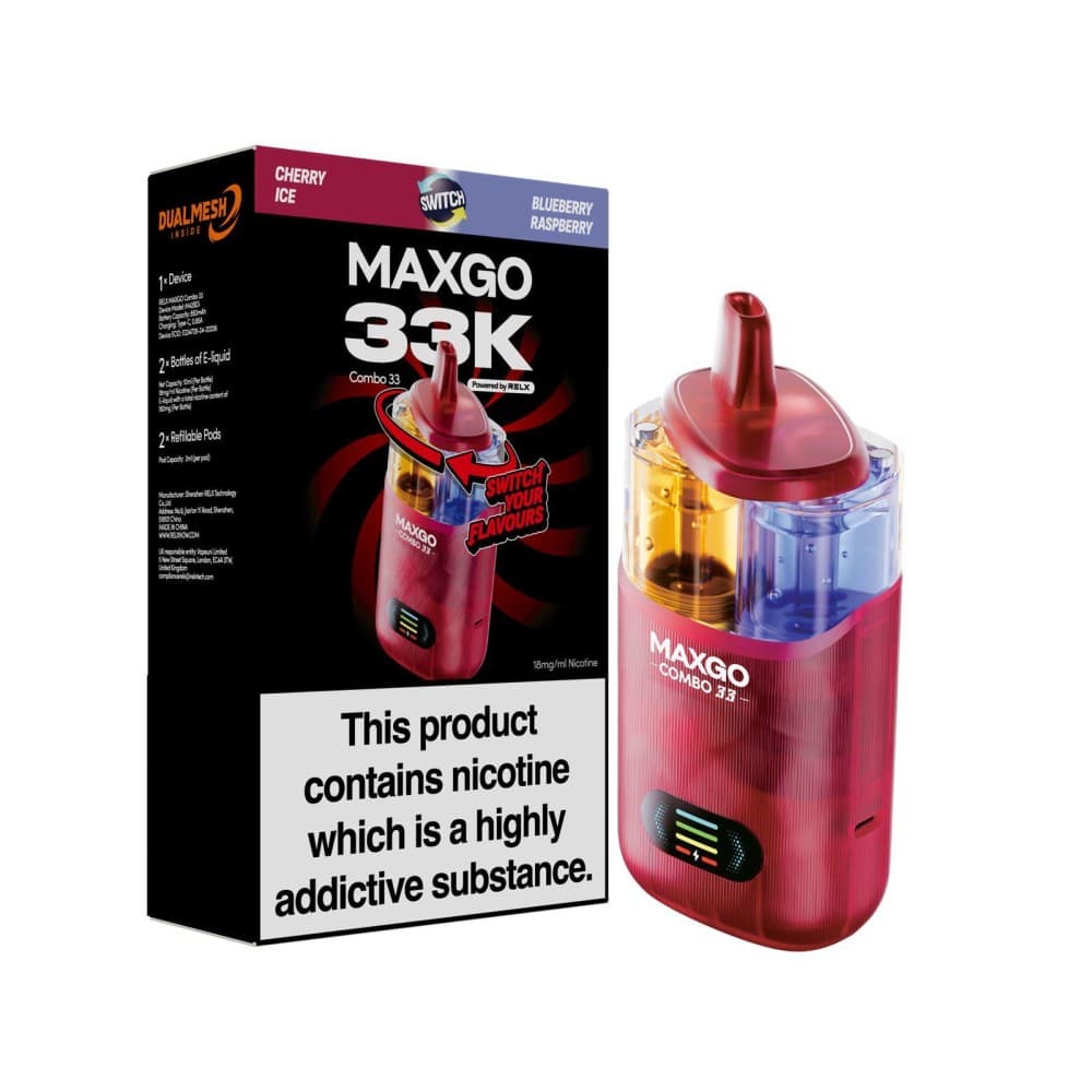 Cherry Ice + Blueberry Raspberry Relx Maxgo 33k Prefilled Pod Vape Kit - Pack of 3