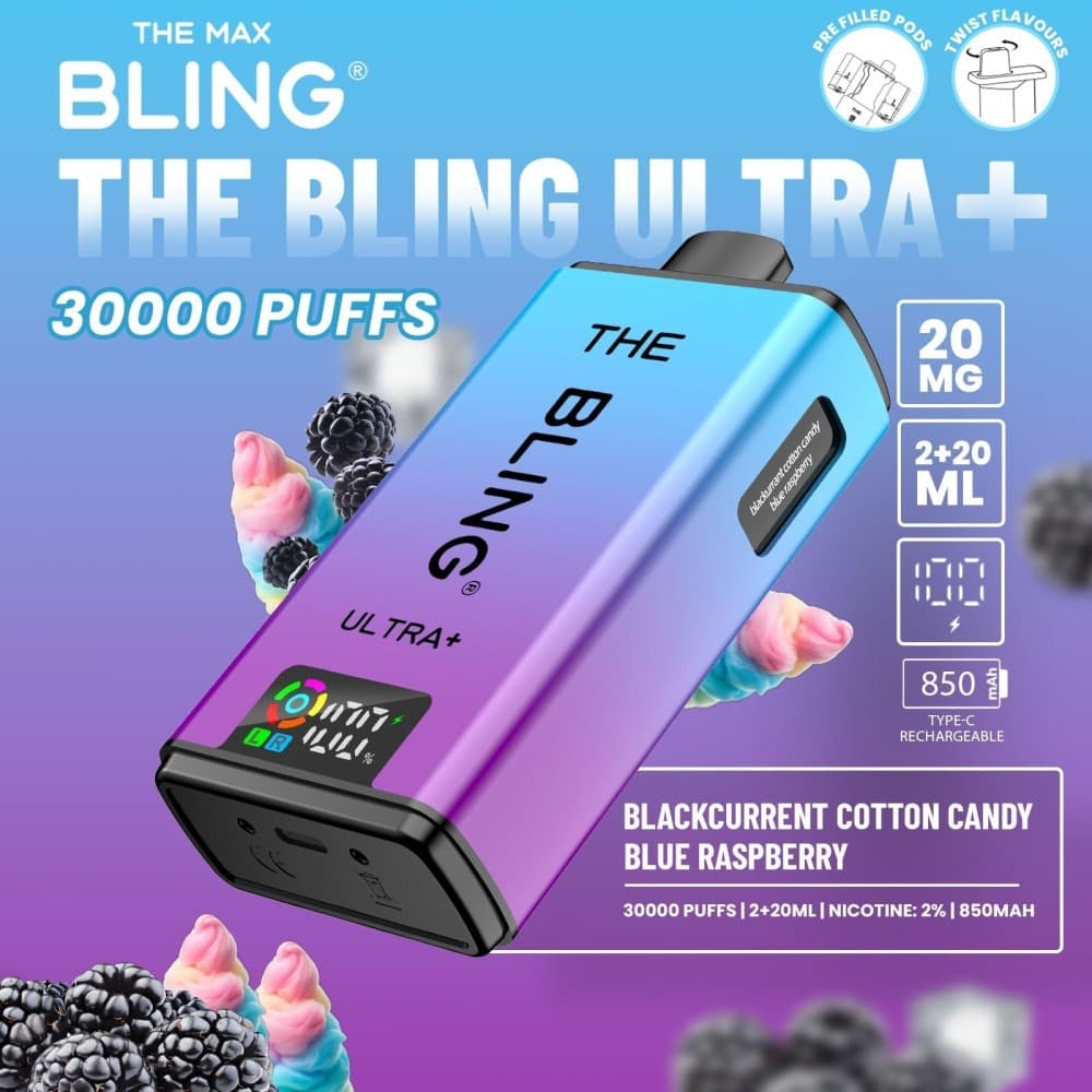 Blackcurrant Cotton Candy/Blue Raspberry The Crystal Bling Ultra Plus 30k Prefilled Vape Kit Box of 5