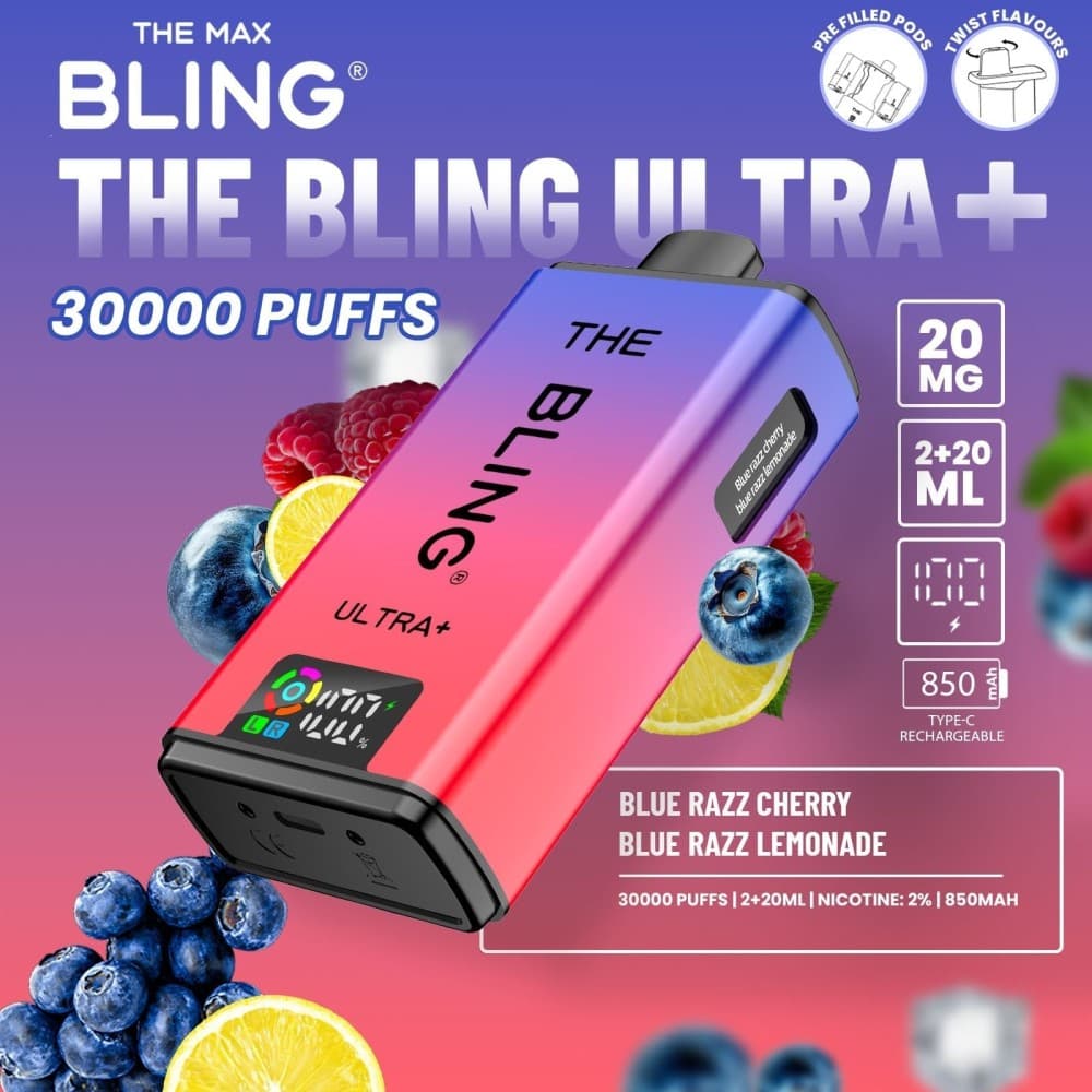 Blue Razz Cherry/Blue Razz Lemonade The Crystal Bling Ultra Plus 30k Prefilled Vape Kit Box of 5