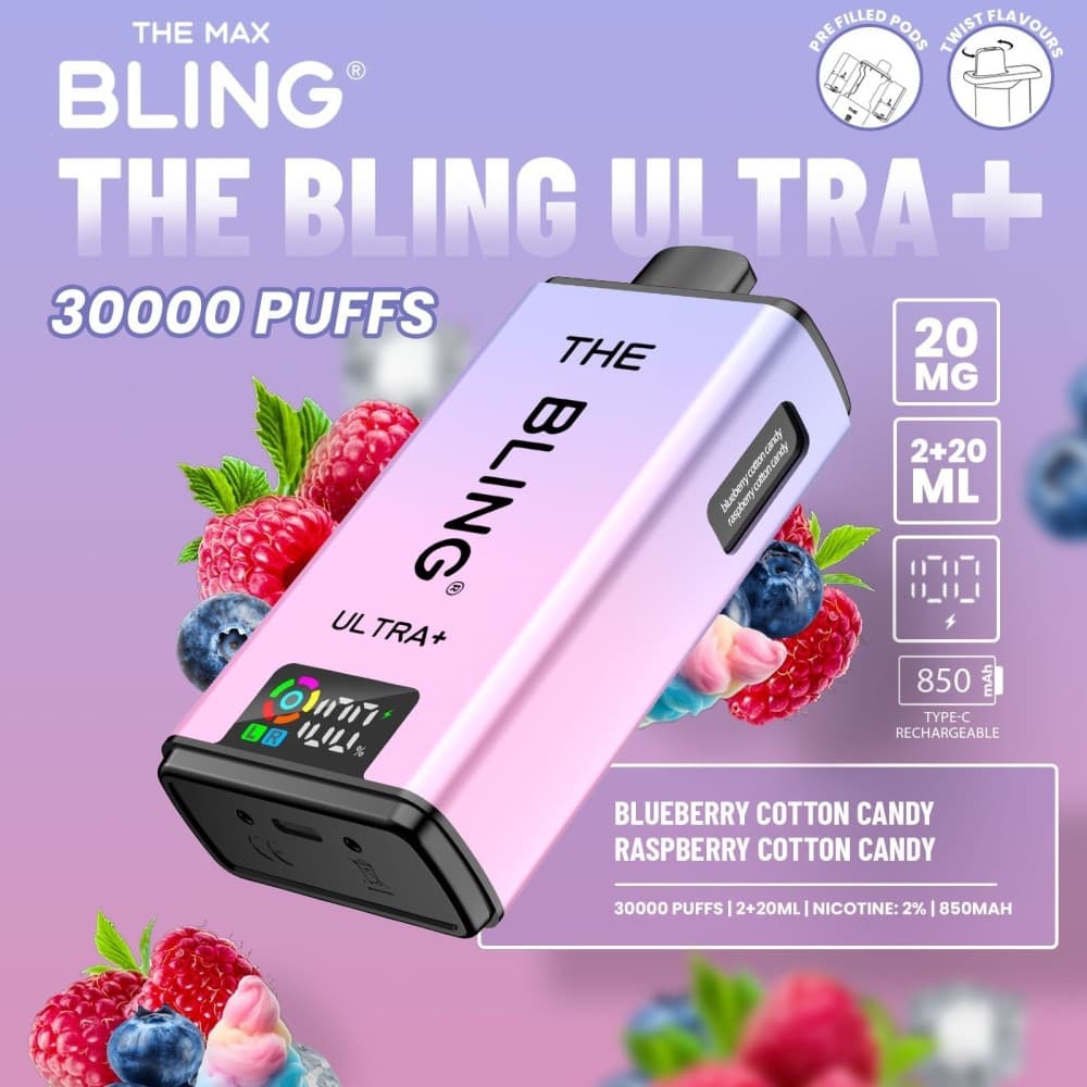 Blueberry Cotton Candy/Raspberry Cotton Candy The Crystal Bling Ultra Plus 30k Prefilled Vape Kit Box of 5