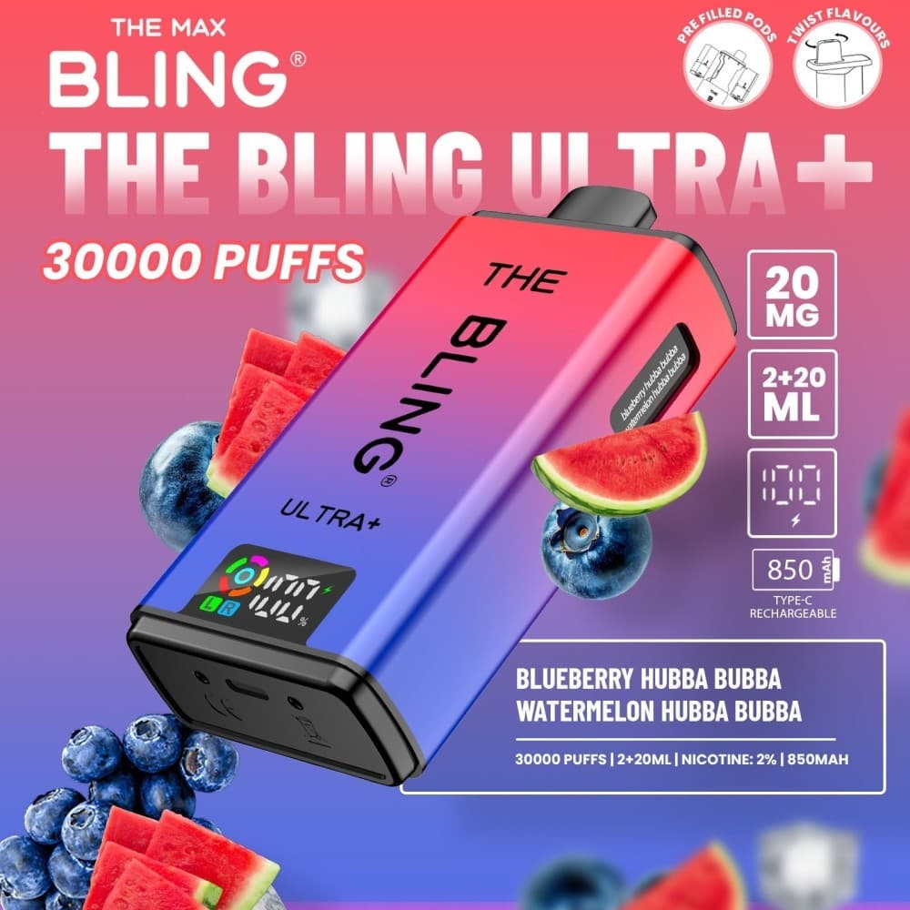 Blueberry Hubba Bubba/Watermelon Hubba Bubba The Crystal Bling Ultra Plus 30k Prefilled Vape Kit Box of 5