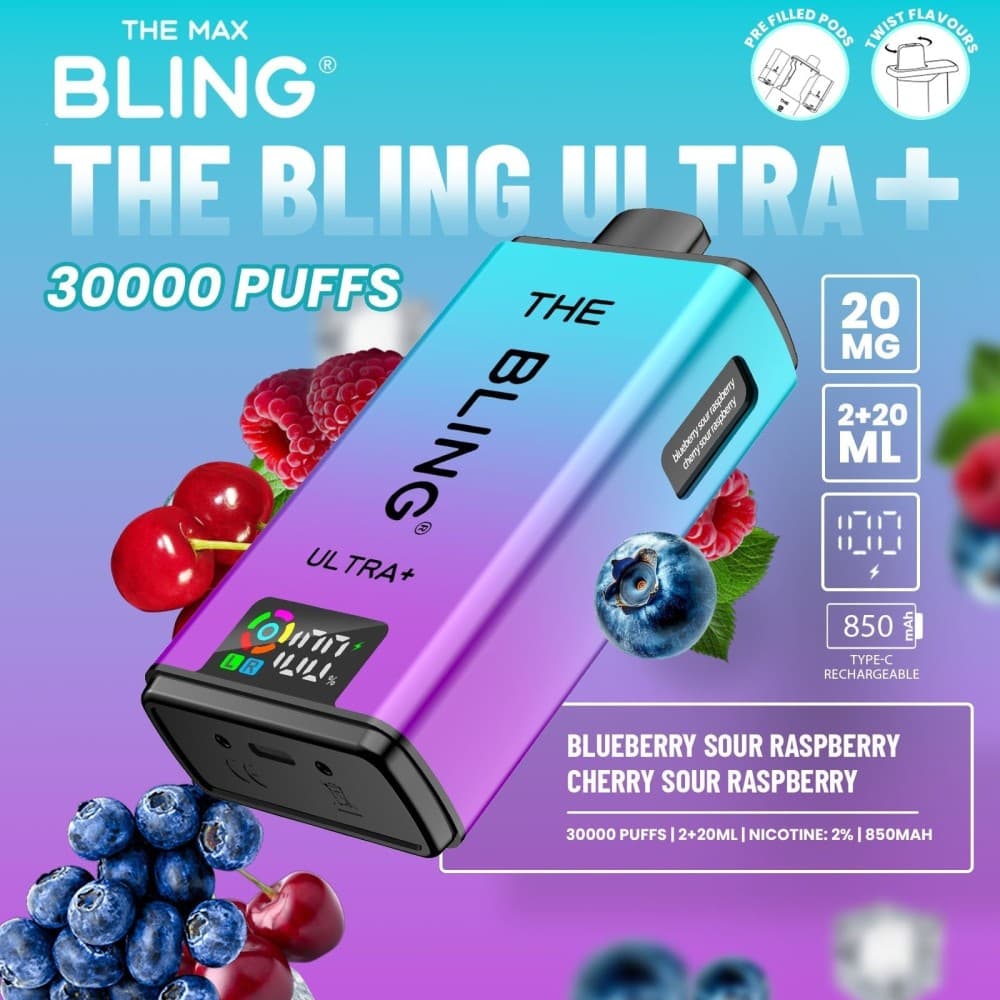 Blueberry Sour Raspberry/Cherry Sour Raspberry The Crystal Bling Ultra Plus 30k Prefilled Vape Kit Box of 5