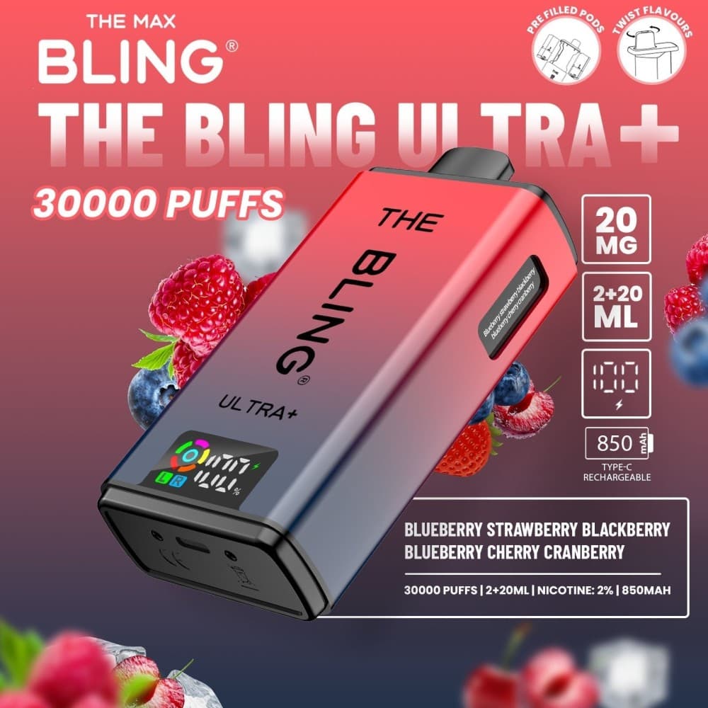 Blueberry Strawberry Blackberry/Blueberry Cherry Cranberry The Crystal Bling Ultra Plus 30k Prefilled Vape Kit Box of 5