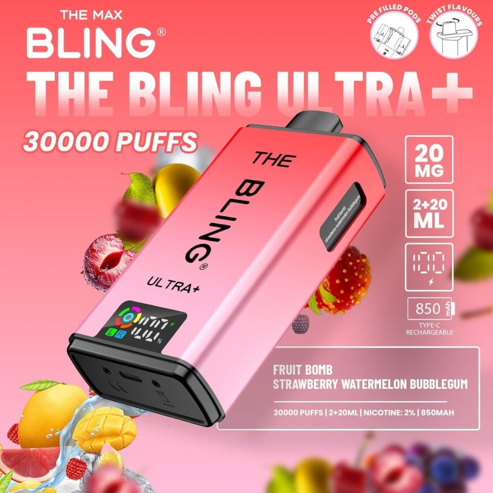 Fruit Bomb/Strawberry Watermelon Bubblegum The Crystal Bling Ultra Plus 30k Prefilled Vape Kit Box of 5