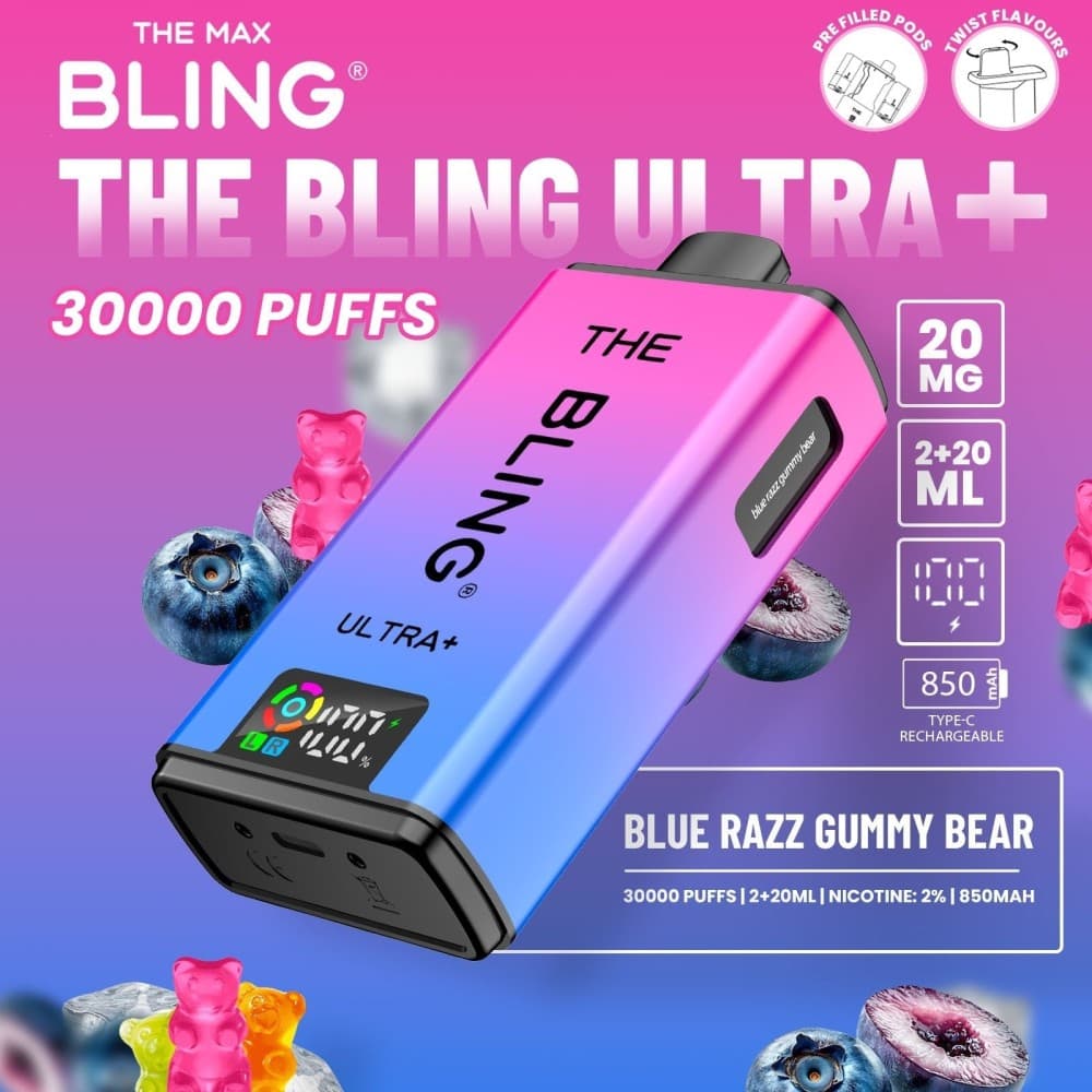 Blue Razz Gummy Bear The Crystal Bling Ultra Plus 30k Prefilled Vape Kit Box of 5