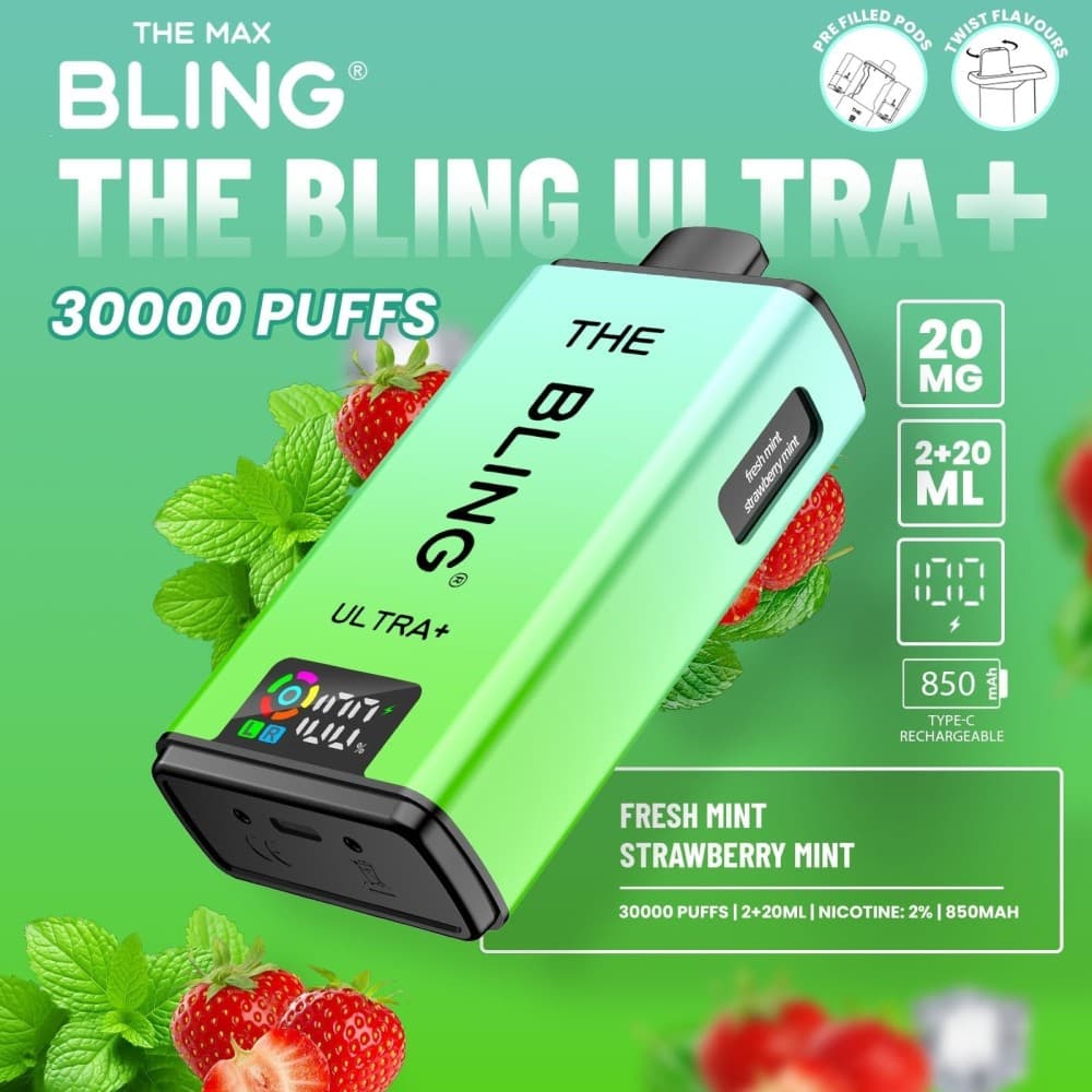 Fresh Mint/Strawberry Mint The Crystal Bling Ultra Plus 30k Prefilled Vape Kit Box of 5