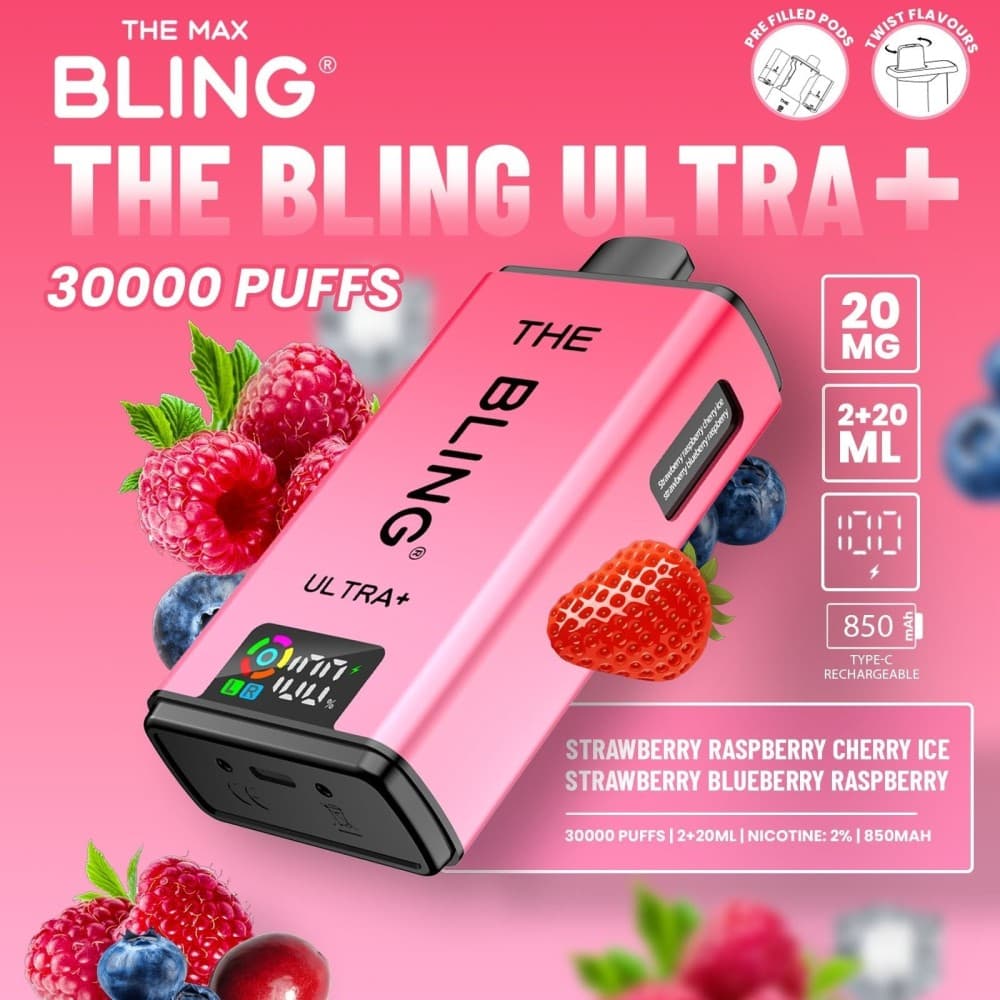 Strawberry Raspberry Cherry Ice/Strawberry Blueberry Raspberry The Crystal Bling Ultra Plus 30k Prefilled Vape Kit Box of 5