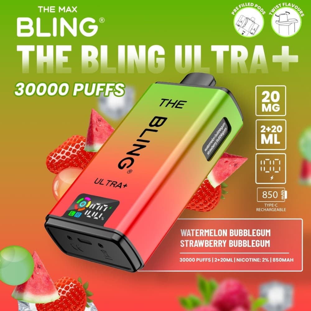 Watermelon Bubblegum/Strawberry Bubblegum The Crystal Bling Ultra Plus 30k Prefilled Vape Kit Box of 5