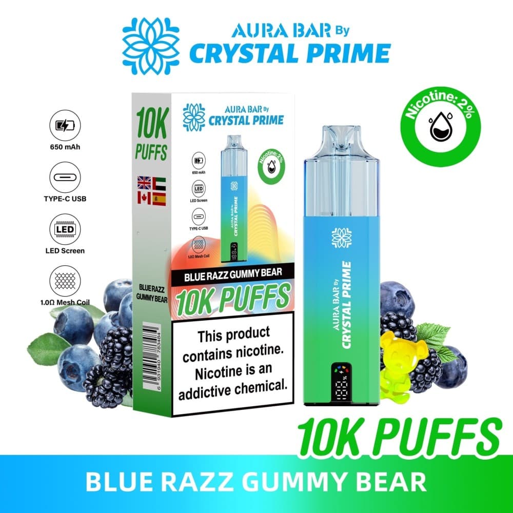 Blue Razz Gummy Bear Aura Bar 10000 Prefilled Pod Vape By Crystal Prime - Pack of 5