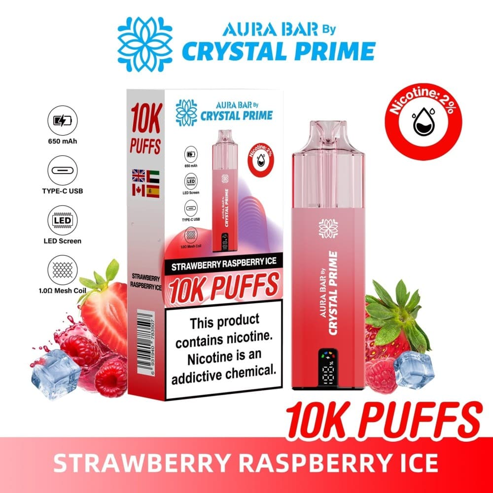 Strawberry Raspberry Ice Aura Bar 10000 Prefilled Pod Vape By Crystal Prime - Pack of 5
