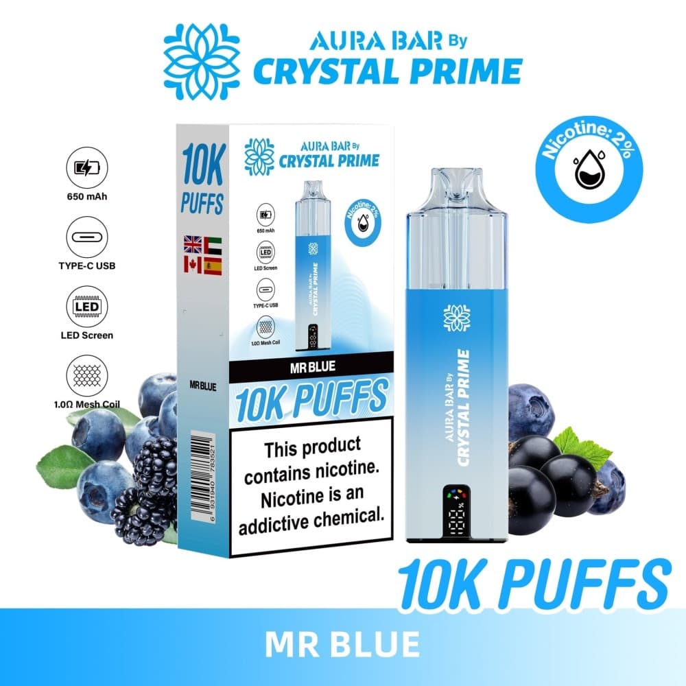 Mr Blue Aura Bar 10000 Prefilled Pod Vape By Crystal Prime - Pack of 5