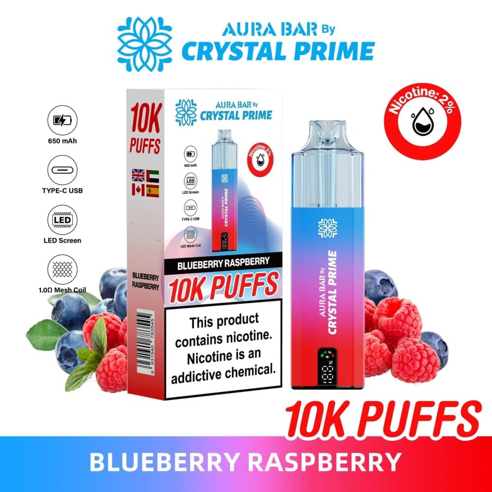 Blueberry Raspberry Aura Bar 10000 Prefilled Pod Vape By Crystal Prime - Pack of 5