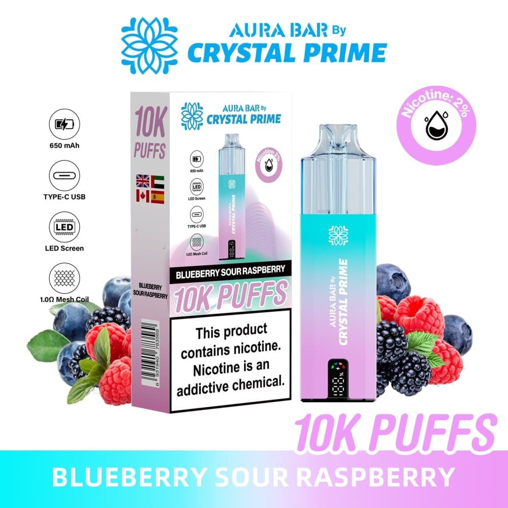 Blueberry Sour Raspberry Aura Bar 10000 Prefilled Pod Vape By Crystal Prime - Pack of 5