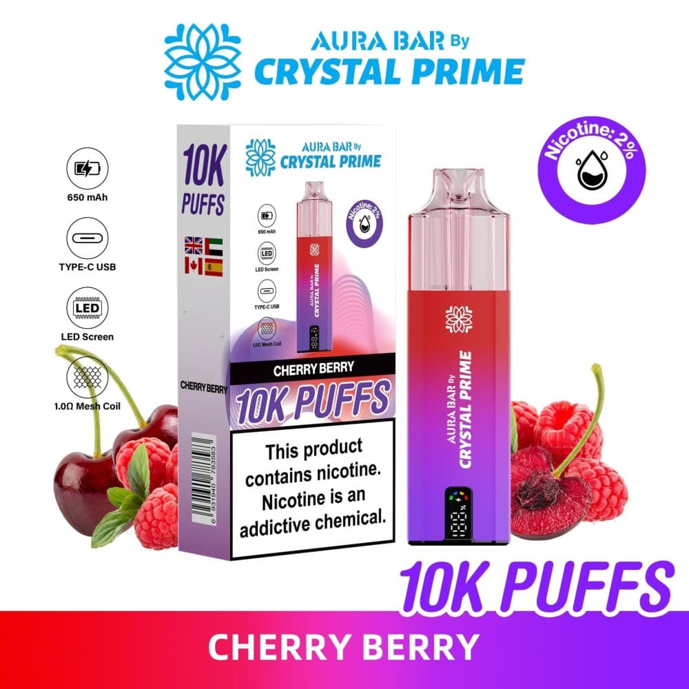 Cherry Berry Aura Bar 10000 Prefilled Pod Vape By Crystal Prime - Pack of 5