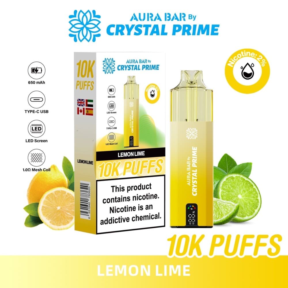 Lemon Lime Aura Bar 10000 Prefilled Pod Vape By Crystal Prime - Pack of 5