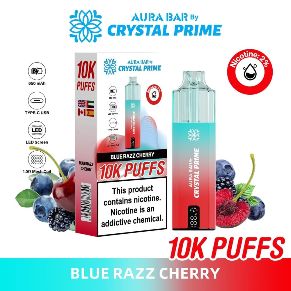 Blue Razz Cherry Aura Bar 10000 Prefilled Pod Vape By Crystal Prime - Pack of 5